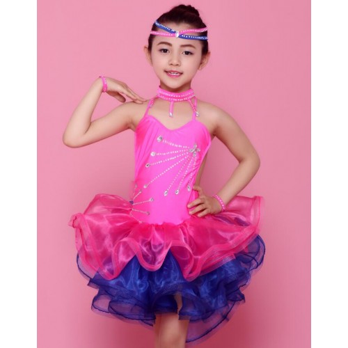 Green fuchsia yellow patchwork girls kids children stage performance competition latin salsa dance dresses costumes